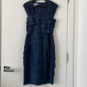 Unique scalloped fitted midi dress with short sleeve, square neck